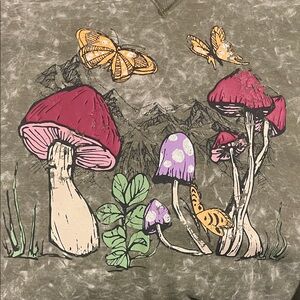 No Boundaries Green Sweater with Mushroom and Butterfly Design